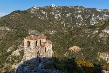 Amazing Panorama of Church of the Holy Mother of God in Asen's Fortress and Rhodopes mountain, Asenovgrad, Plovdiv Region, Bulgaria