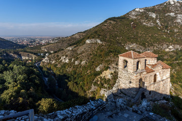 Fototapeta na wymiar Panoramic view of Church of the Holy Mother of God in Asen's Fortress and town of Asenovgrad, Plovdiv Region, Bulgaria