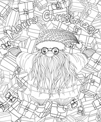 Santa and lots of gifts. Contour illustration. Hand-drawn elements for New Year's design. Xmas sketch. Pattern coloring book for adults. Vector illustration