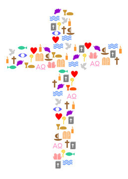 Kreuz mit bunten christlichen Symbolen