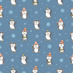 Seamless pattern with cute cartoon penguins and fishes on blue background. Winter time. White snowflakes. Funny animals. Antarctic birds. Vector contour image. Children's illustration.