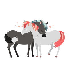 Wild horses hugging. Romantic clip art.