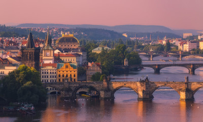 Scenic view of Prague bridges in sunrise light