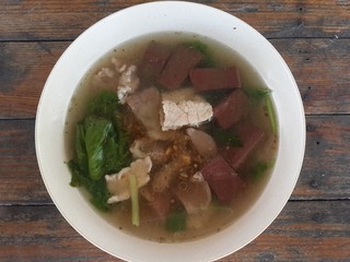 Boiled pig's blood with entrails in soup - Thailand healthy food