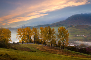 Naklejka premium Mountain road with trees along a path with a mountain village.