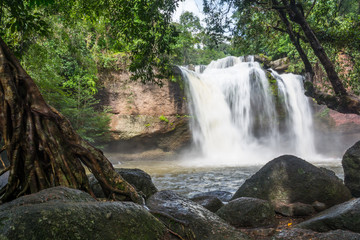 Fototapeta na wymiar Haew Suwat waterfall in Khoa Yai National Park, tourist destination in Thailand.