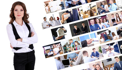 Young businesswoman and different photos on white background. Business people concept.