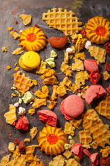 various breakfast cereals and cookies top view