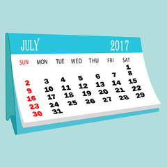 Calendar 2017 July page of a desktop calendar.3D Rendering.
