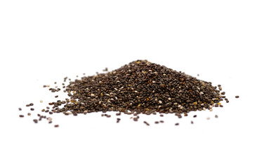 Pile of tiny chia seeds isolated on white background
