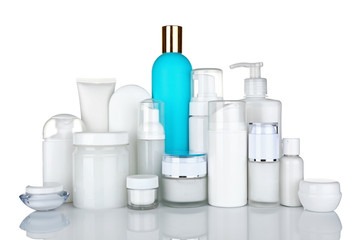 Different cosmetic bottles isolated on white