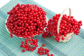 Red berries in plate and basket on blue underlay
