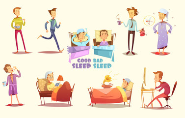  Good And Bad Sleep Icons Retro Cartoon Set