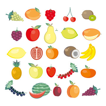 Twenty five icons of fresh fruits. Vector illustration.