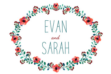 Frame with flowers and leaves, drawing watercolor. Spring or summer design for invitation, wedding greeting cards