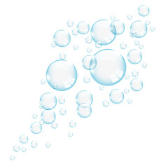 Blue transparent bubbles on white background, vector illustration