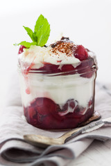 Homemade cherry vanilla dessert with whipped cream, yogurt and chocolate sauce, closeup