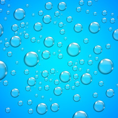 Transparent water drops on blue background, vector illustration