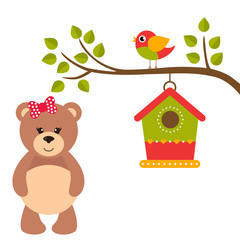 Obraz na płótnie Canvas cartoon bird and birdhouse on a branch and teddy