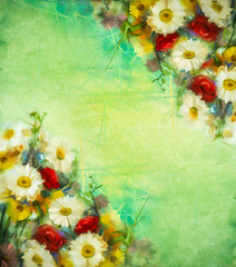 Obraz premium Watercolor painting vintage flowers background with blank space for your design or text. Hand paint still life bouquet of yellow ,orange, white gerbera, rose flowers on grunge textures background