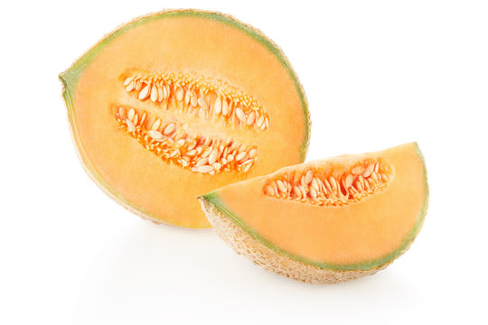 Cantaloupe half melon and slice with seeds on white, clipping path