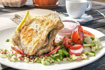 dish of fried fish with salad