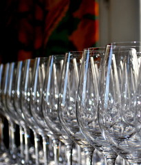a row of identical empty wine glasses in a daylight with a rich dark green curtain with red-orange pattern in the background