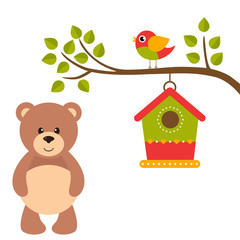 cartoon bird and birdhouse on a branch and bear