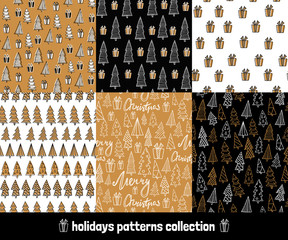 Big holiday hand drawn patterns set. Collection of winter backgrounds with gifts, christmas trees and letterings. Vector Illustration