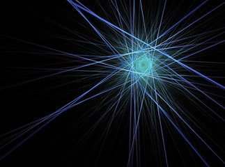 Computer generated fractal illustration of light beams in cold blue colors, decoration, on black background