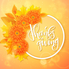 vector thanksgiving day greeting lettering phrase - thanksgiving - with frame, chrysanthemum bouquet with doodle flower branches on background. Design for greeting card or poster