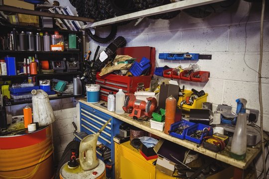 Various mechanic equipments on worktop