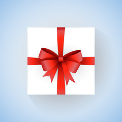 Vector white gift box with red ribbon and bow on gradient blue background. Top View. Design for Christmas, Valentine day, wedding, Birthday. Realistic design