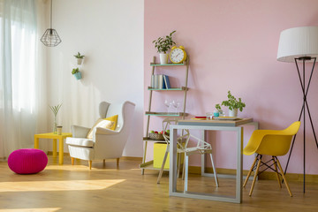Trendy combination of pink and white wall