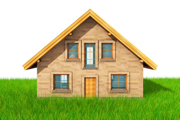 Small model of house over green grass background 3D render