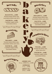 Menu bakery restaurant, food template placemat.