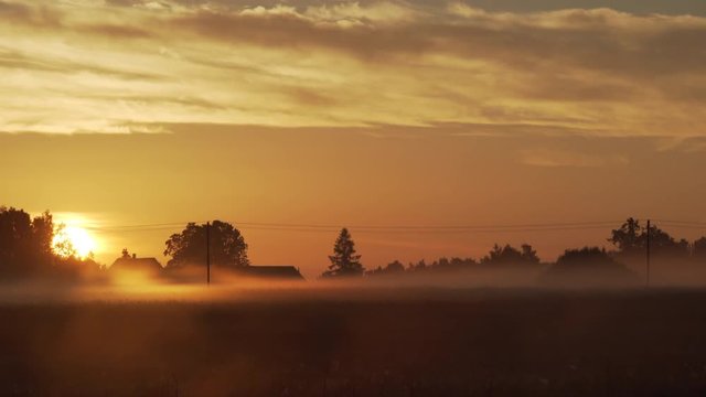 Mist flowing on a countryside field during sunrise