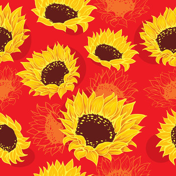 Seamless vivid sketch of stylized sunflowers and orange flowers red background