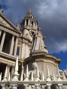 Queen Anne Statue, St. Paul's Cathedral, London beneath gathering storm clouds