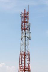 Radio antenna with clouds and blue sky background