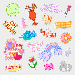 Fashion patch badges. Big set. Stickers, pins, patches and handwritten notes collection in cartoon 80s-90s comic style. Trend. Vector illustration isolated. Vector clip art.