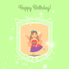 Happy Birthday greeting card template for girls with cartoon princess. Vector illustration