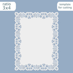 Laser cut wedding invitation card template with openwork border.  Cut out the paper card with lace pattern.  Greeting card template for cutting plotter. Vector.