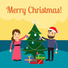 Merry Christmas cartoon illustration with christmas tree and family couple. Vector illustration