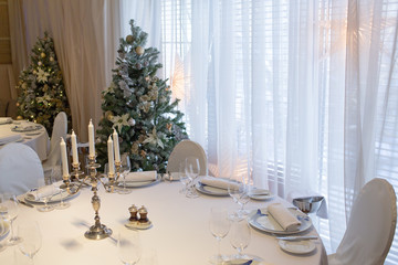 Day lights illuminate festive white dinner table