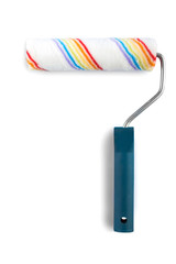 Roller to paint a colorful strip with a blue pen. On white, isolated  background. Top view. Flat lay.