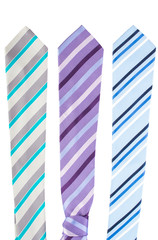 Three variants of a striped tie in colorful stripes. On white, isolated  background. Top view. Flat lay.
