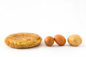 Traditional spanish omelette with potatoes and eggs isolated on white background

