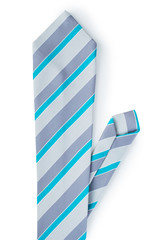 Grey tie with blue stripes. On white, isolated  background. Top view. Flat lay.