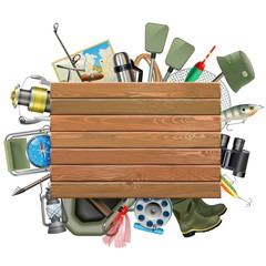 Vector Old Wooden Board with Fishing Tackle © dashadima